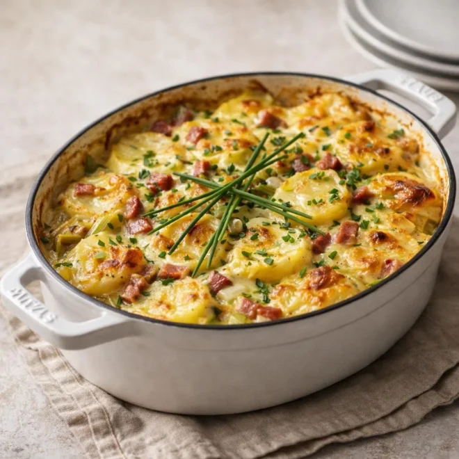 Tofaye vosgienne aux poireaux, émincé fumé et sauce crémeuse au fromage