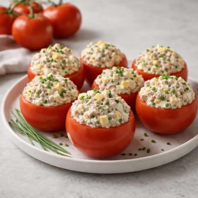 Tomates farcies au thon et œufs durs, sauce crémeuse à l’ail