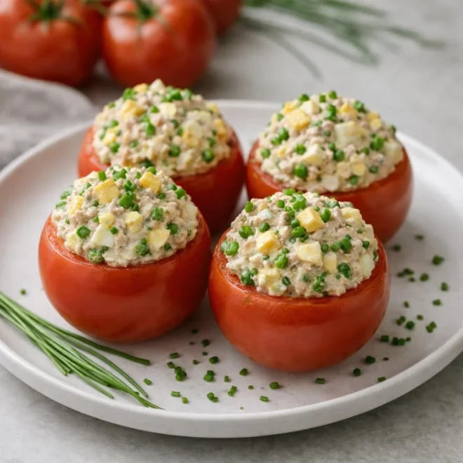 Tomates farcies à la thon et œufs durs, sauce crémeuse aux petits pois