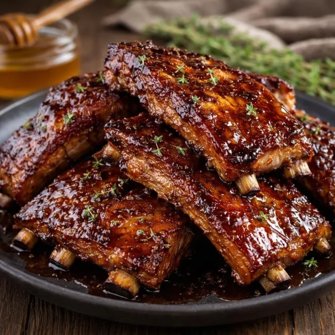 Travers de porc caramélisés au miel : sauce laquée