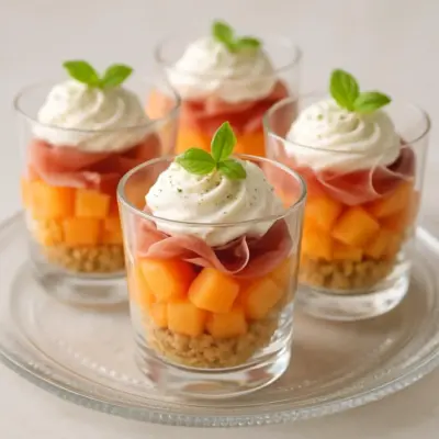 Verrines apéritives melon, jambon cru et chantilly salée au fromage frais
