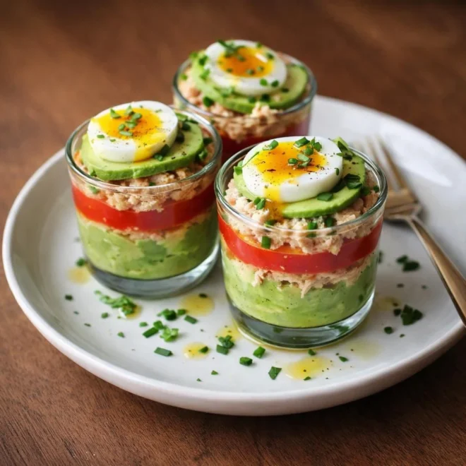 Verrines avocat thon tomates œuf mollet, apéro frais