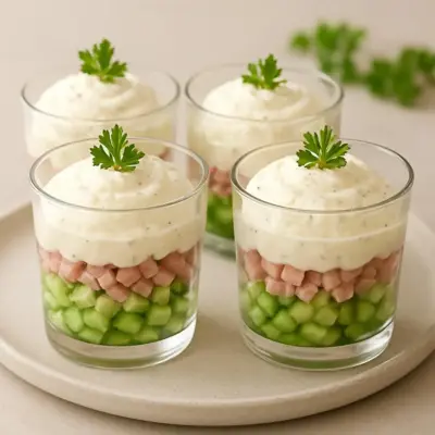 Verrines gourmandes concombre-ricotta et jambon fumé, sauce citron aux herbes