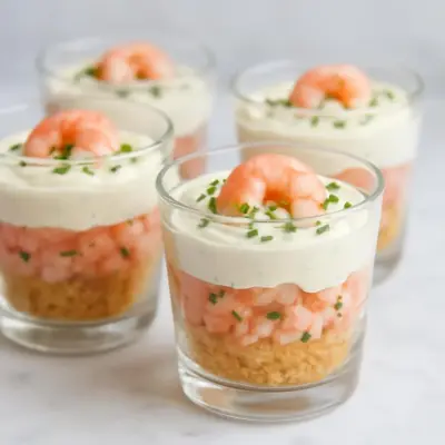Verrines tièdes ou froides de crevettes à la crème ciboulette, base croustillante au pain grillé