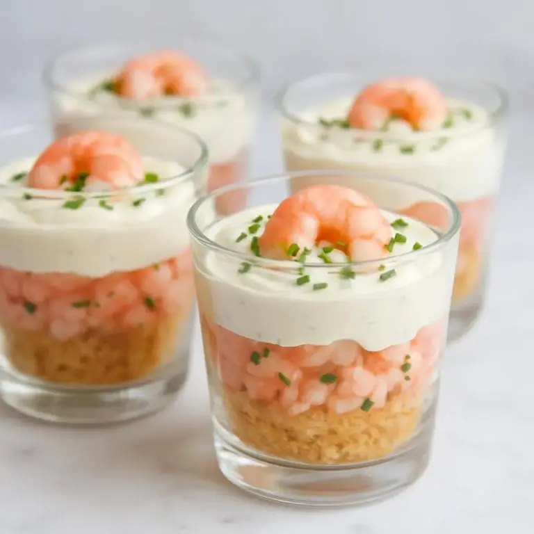 Verrines tièdes ou froides de crevettes à la crème ciboulette, base croustillante au pain grillé
