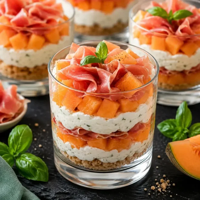 Verrines Melon, Jambon Cru et Crème de Fromage Frais