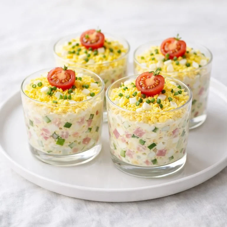 Verrines mimosa au jambon et œuf, fraîches et crémeuses