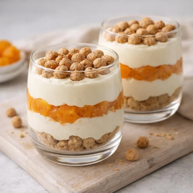 Verrines tiramisù abricot-abricots secs, crème mascarpone et pralinés croustillants
