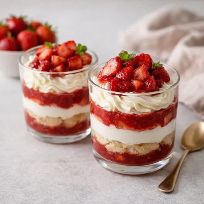 Verrines tiramisu aux fraises (mascarpone, biscuits cuillère, coulis maison)
