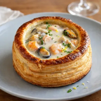 Vol-au-vent aux fruits de mer : sauce veloutée vin blanc