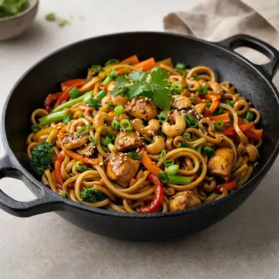 Wok poulet et nouilles : recette soja gingembre