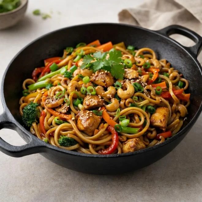 Wok poulet et nouilles : recette soja gingembre