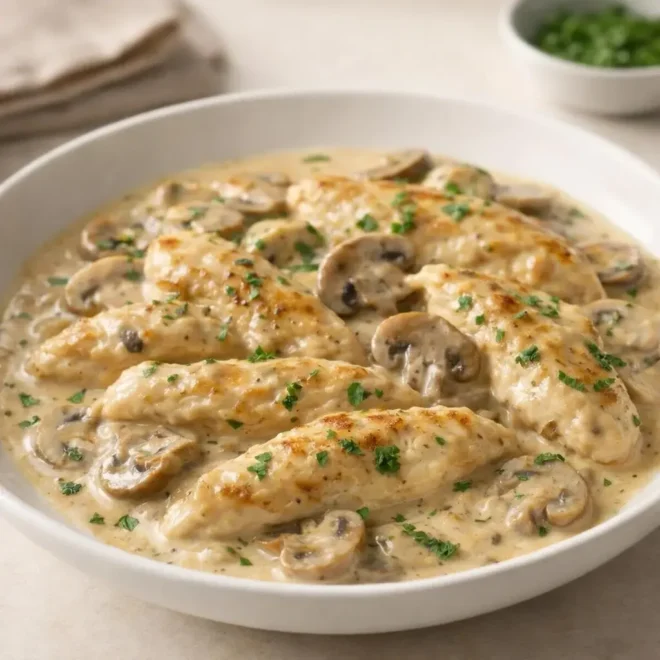 Aiguillettes de poulet crémeuses aux champignons