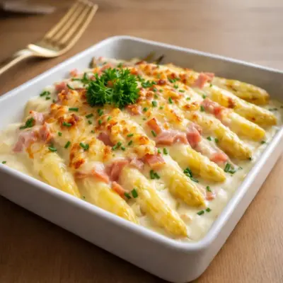 Asperges blanches gratinées au jambon et fromage
