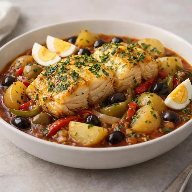 Recette bacalhau à la portugaise : morue, olives, pommes de