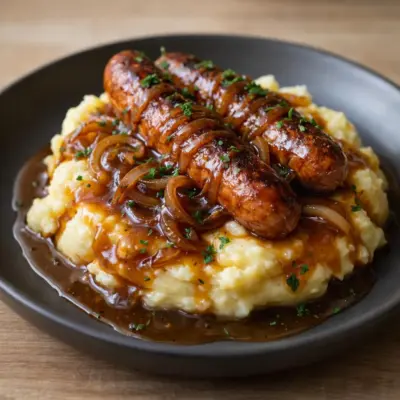 bangers et purée sauce à l’oignon confit