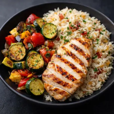 Blanc de poulet grillé au riz et légumes sautés
