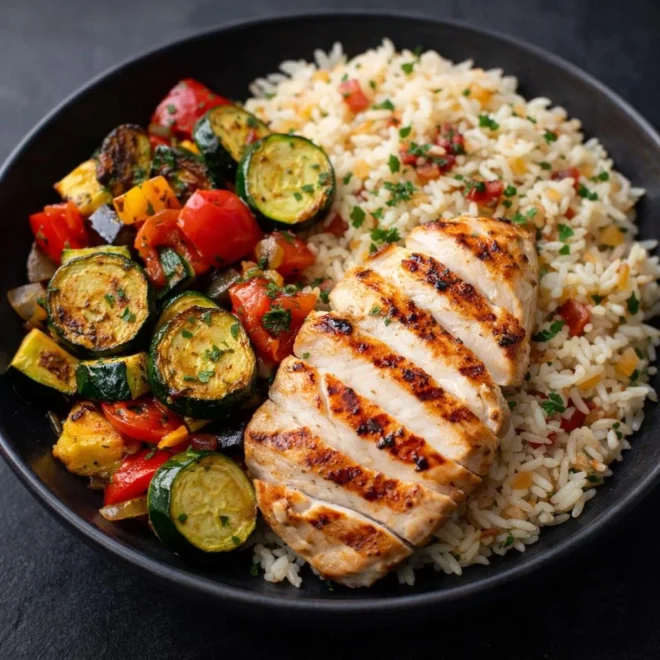 Blanc de poulet grillé au riz et légumes sautés