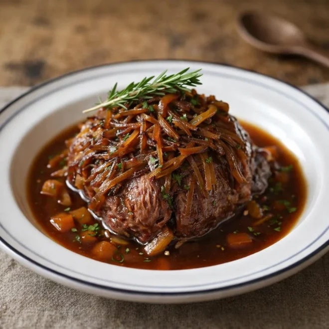 Bœuf effiloché mijoté aux oignons et bouillon