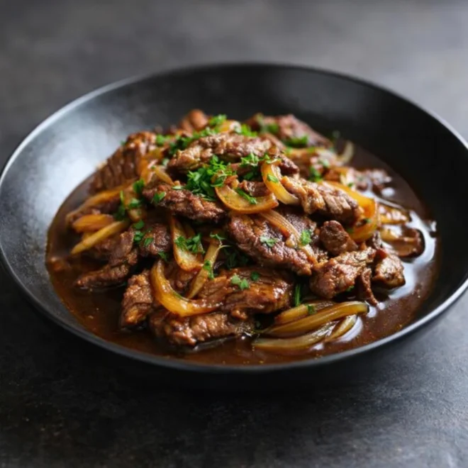 Recette bœuf sauté aux oignons caramélisés (vin rouge)