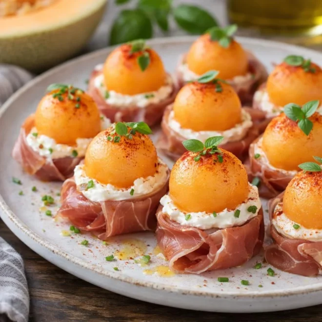 Bouchées de melon au fromage frais paprika doux jambon cru