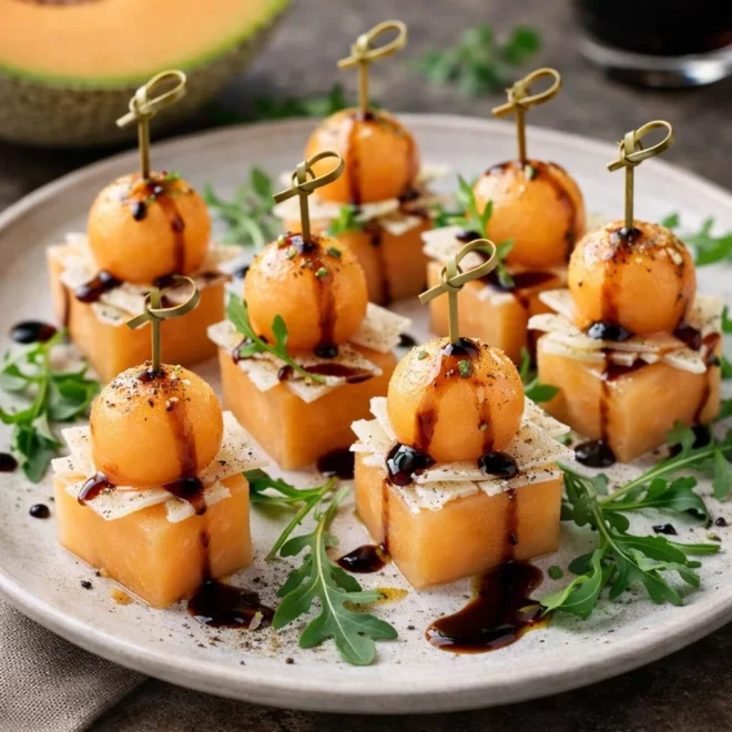 Bouchées de melon au parmesan et vinaigre balsamique