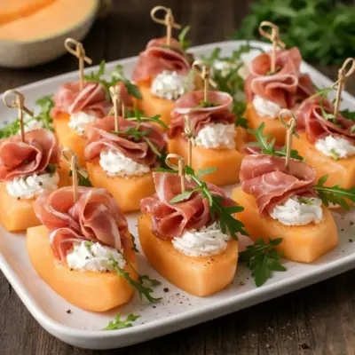 Bouchées de melon au fromage frais et jambon cru