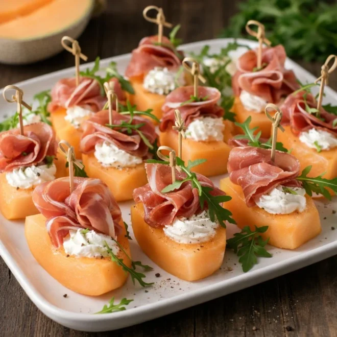 Bouchées de melon au fromage frais et jambon cru