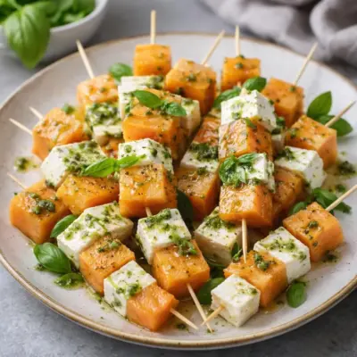 Brochettes de melon feta basilic (vinaigrette au basilic)