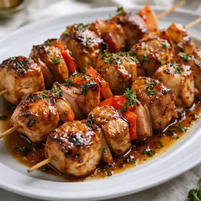 Brochettes de poulet au miel et à l’ail caramélisées