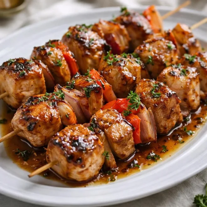 Brochettes de poulet au miel et à l’ail caramélisées