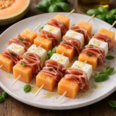 Brochettes de melon chèvre jambon de Parme