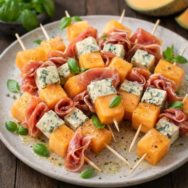 Brochettes de melon jambon cru gorgonzola : frais & facile