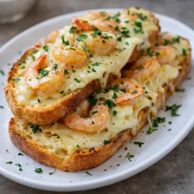 Bruschetta aux crevettes et fromage fondu