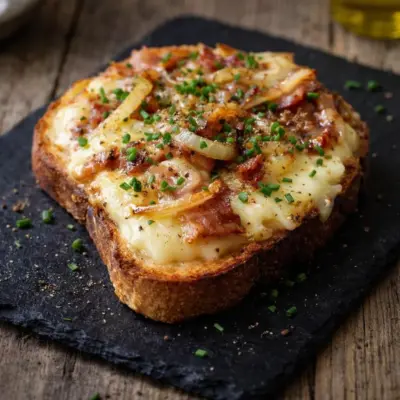 Bruschetta raclette lardons oignons : fondant & gratiné