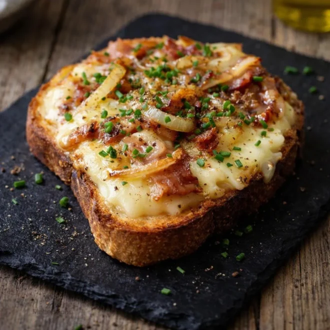 Bruschetta raclette lardons oignons : fondant & gratiné