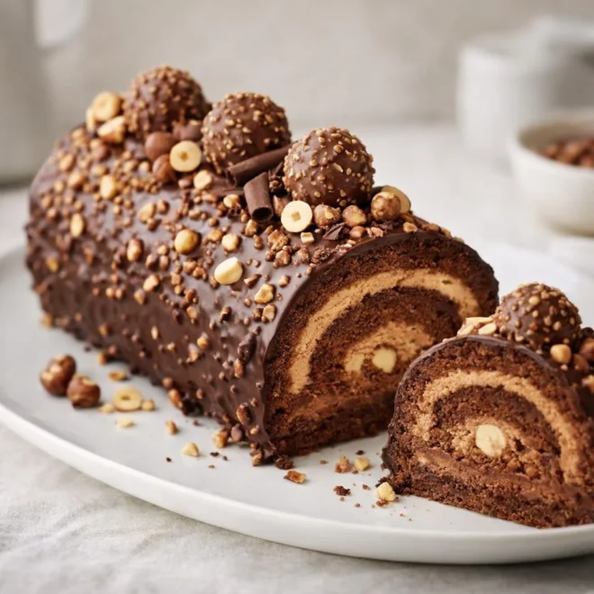 Bûche façon Ferrero Rocher maison : noisettes & chocolat