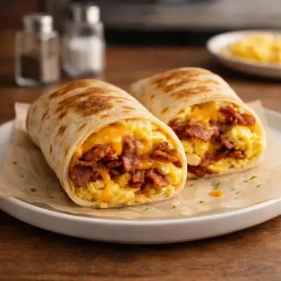 Burrito petit déjeuner au bacon, œufs et cheddar