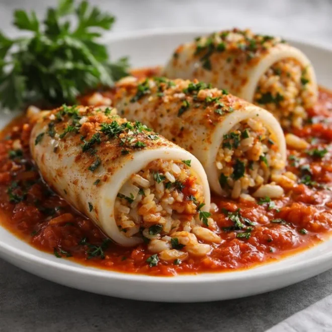 Calamars farcis au riz et sauce tomate (tendres)