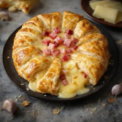 Camembert au four en pâte feuilletée lardons