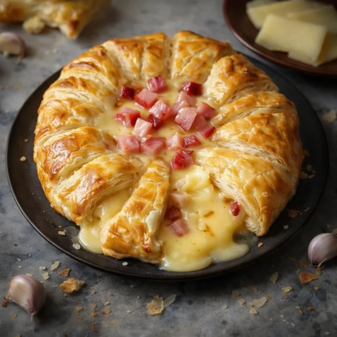 Camembert au four en pâte feuilletée lardons