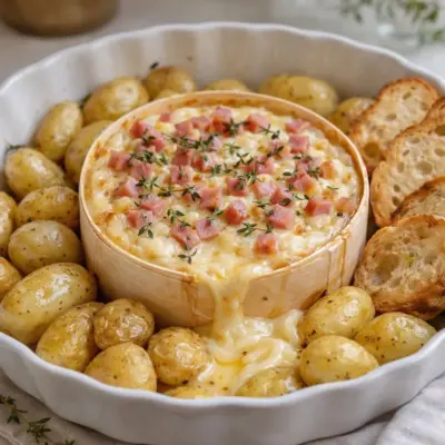 Camembert rôti au jambon et pommes de terre au four