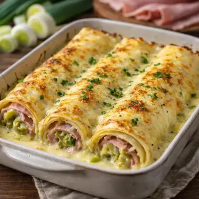 Cannellonis de crêpes au jambon et aux poireaux