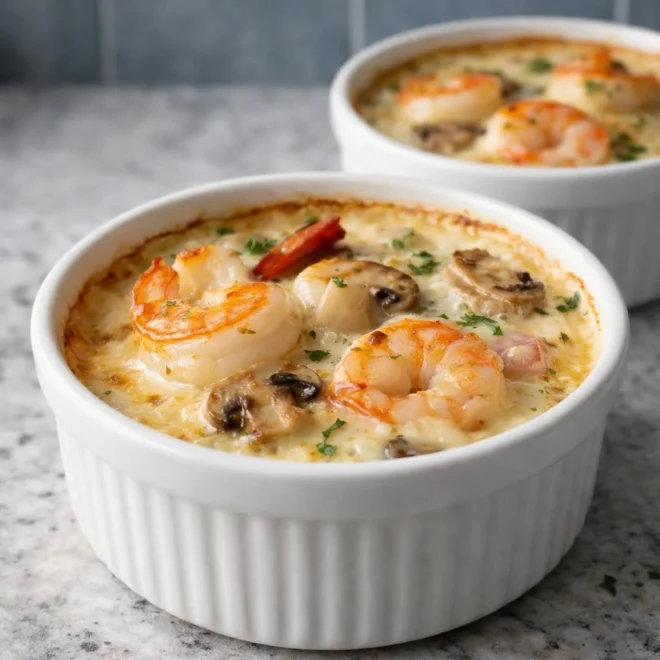 Cassolette de la mer saint-jacques crevettes champignons