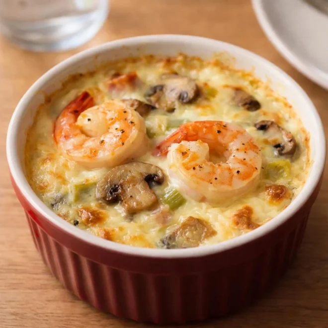 Cassolettes aux crevettes et poireaux gratinées à la crème