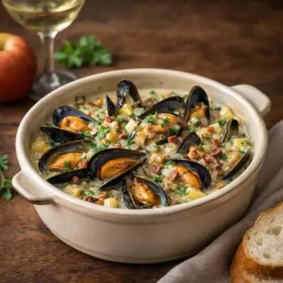 Cassolettes de moules à la normande au cidre et crème