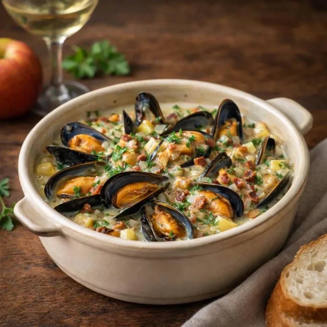 Cassolettes de moules à la normande au cidre et crème