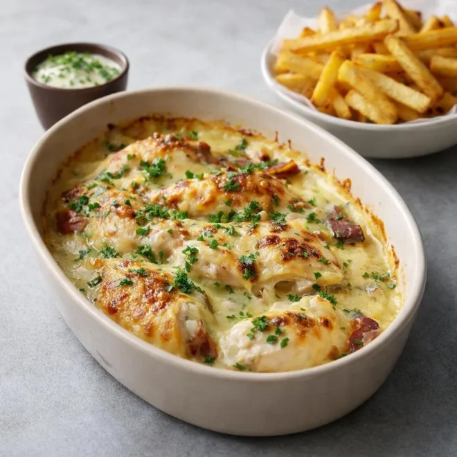 Cassolettes de poulet au Maroilles et frites maison