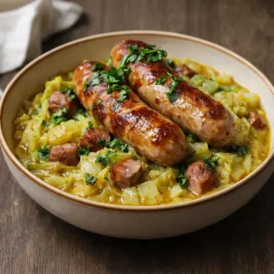Recette chou vert braisé aux saucisses, moutarde