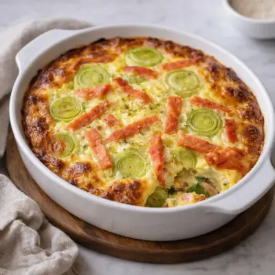 Clafoutis salé au saumon poireaux mozzarella sans pâte